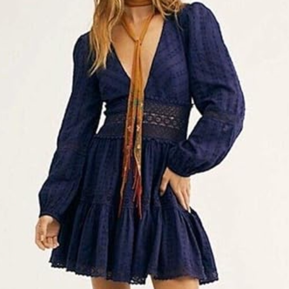 Free People Delightful Crochet Navy Mini Dress Size 4